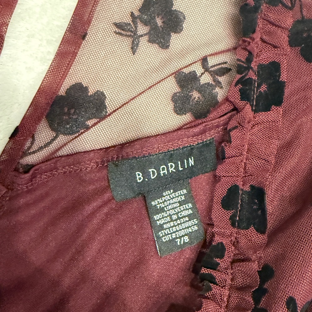NWT Women Juniors Burgundy Floral Chiffon Dress Romantic Dreamy Sheer Size 7/8 - Picture 14 of 14
